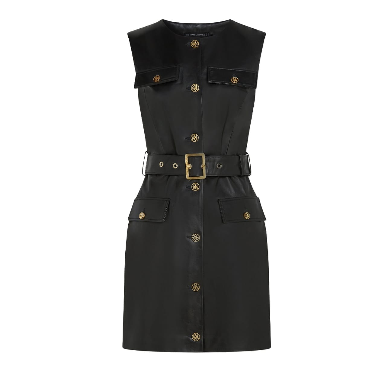 Button-Detail Leather Dress -Black - Europa Art